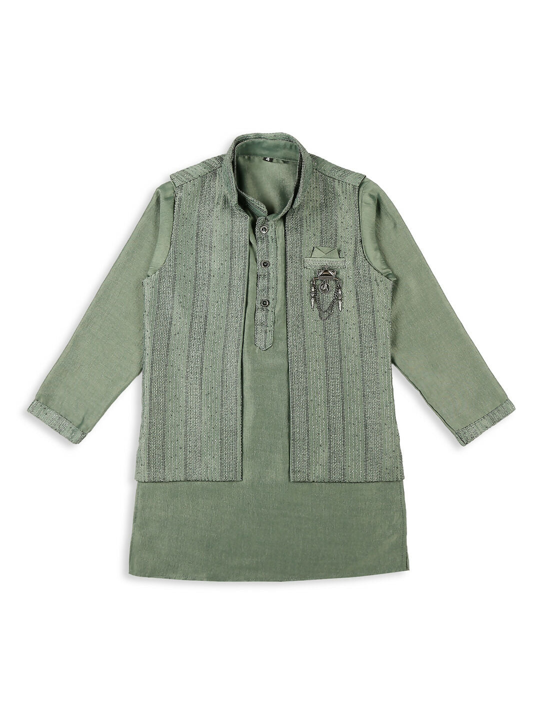 Joban Fashion Kids Island Embroidery Sequence Full Sleeves Kurta, Pyjama Set with Nehru Jacket - Green