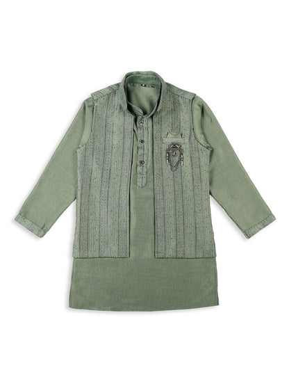 Joban Fashion Kids Island Embroidery Sequence Full Sleeves Kurta, Pyjama Set with Nehru Jacket - Green