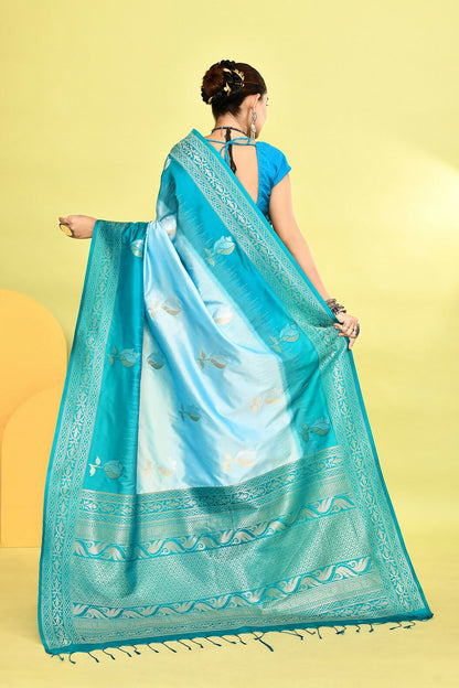 Joban Fashion Sky Blue & Rama Plain With Weaving Border Banarasi Silk Sarees