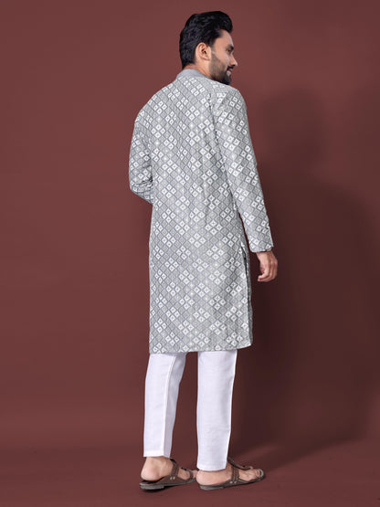Neera Trendz Grey Soft Silk Embroidered Men's Kurta Pyjama