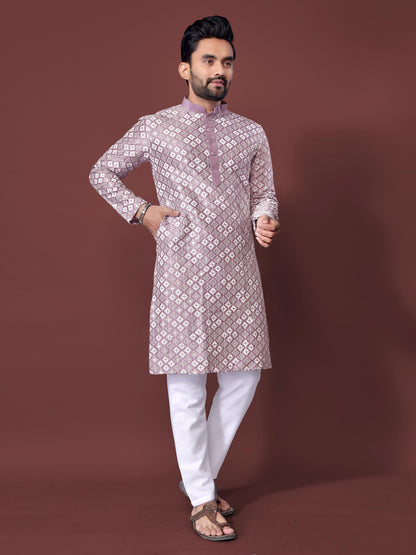 Neera Trendz Light Purple Soft Silk Embroidered Men's Kurta Pyjama
