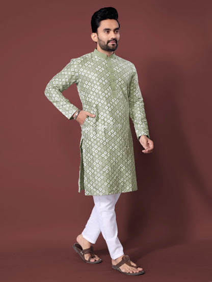 Neera Trendz Olive Soft Silk Embroidered Men's Kurta Pyjama