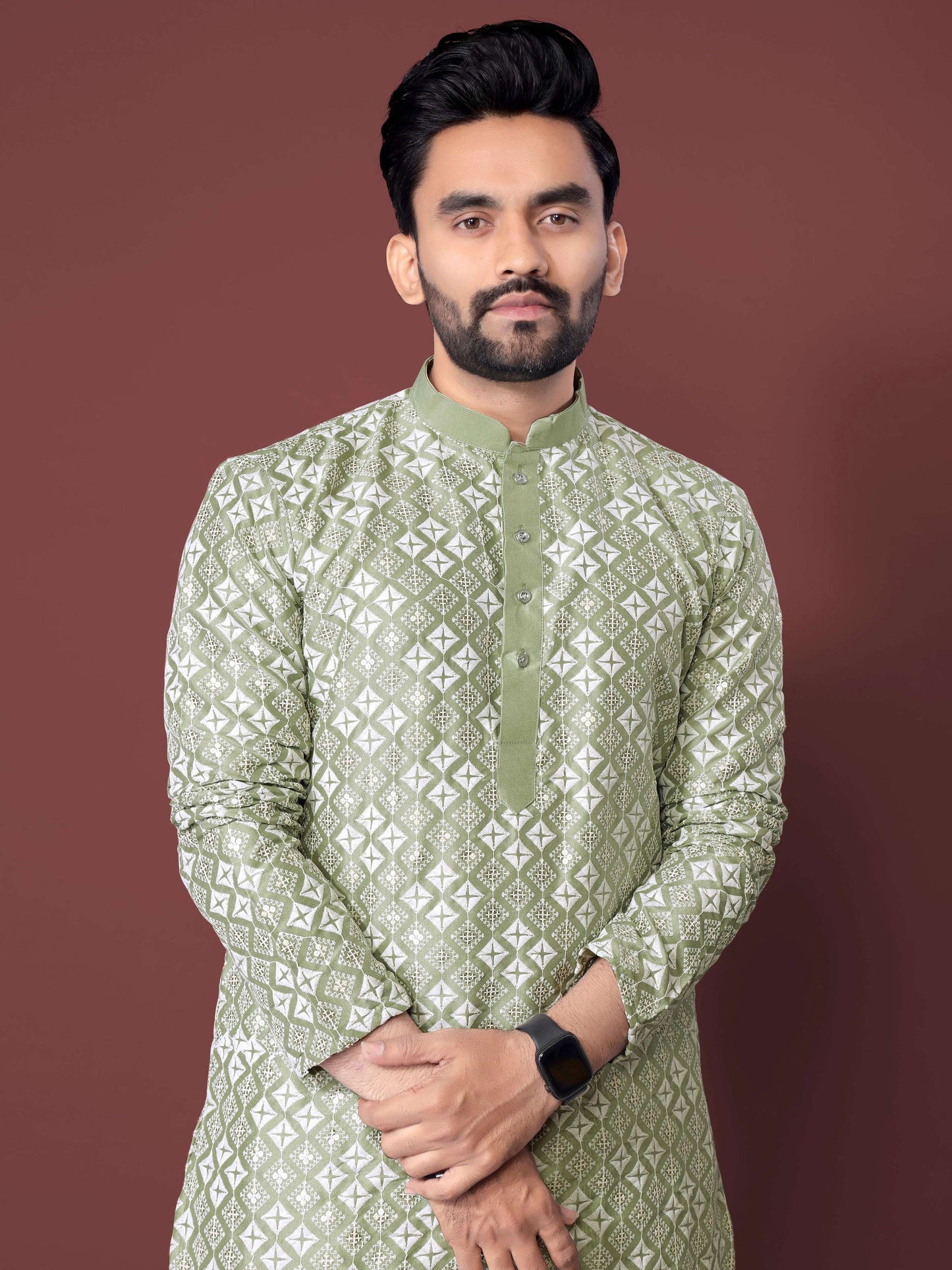 Neera Trendz Olive Soft Silk Embroidered Men's Kurta Pyjama