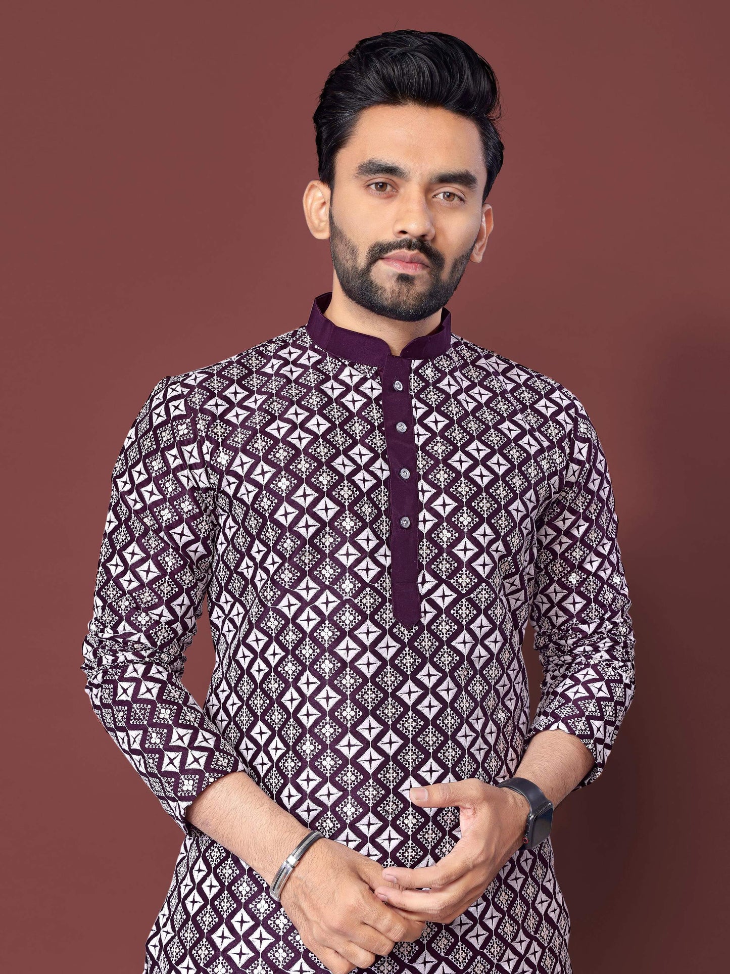 Neera Trendz Purple Soft Silk Embroidered Men's Kurta Pyjama