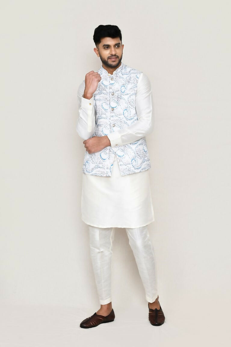 Joban Fashion White Colored Art Silk Fabric Kurta, Jacket With Straight Fit Pant