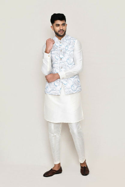 Joban Fashion White Colored Art Silk Fabric Kurta, Jacket With Straight Fit Pant