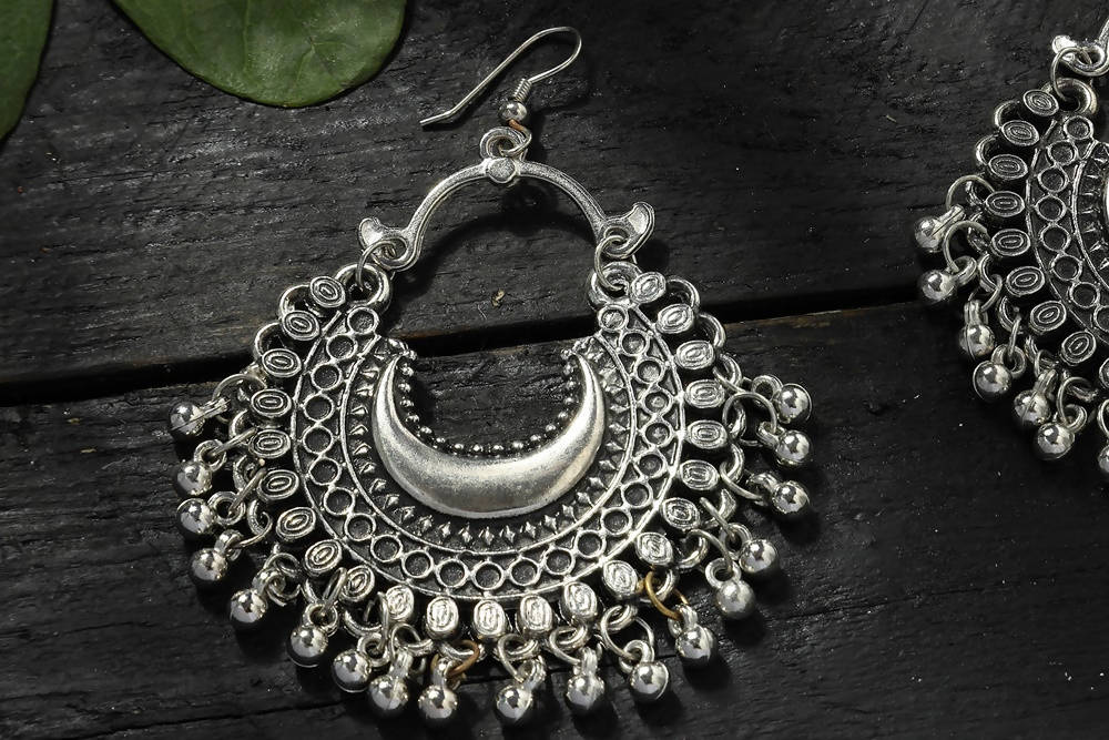 Mominos Fashion Johar Kamal Oxidised Silver-Plated Chandbali Earrings