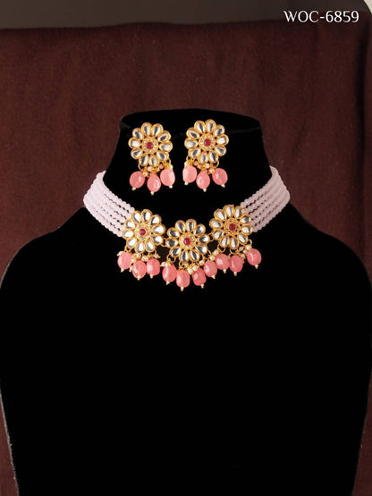 Mominos Fashion Johar Kamal Women's Pink Beads Pearls Gold-Polished Jewellery Set
