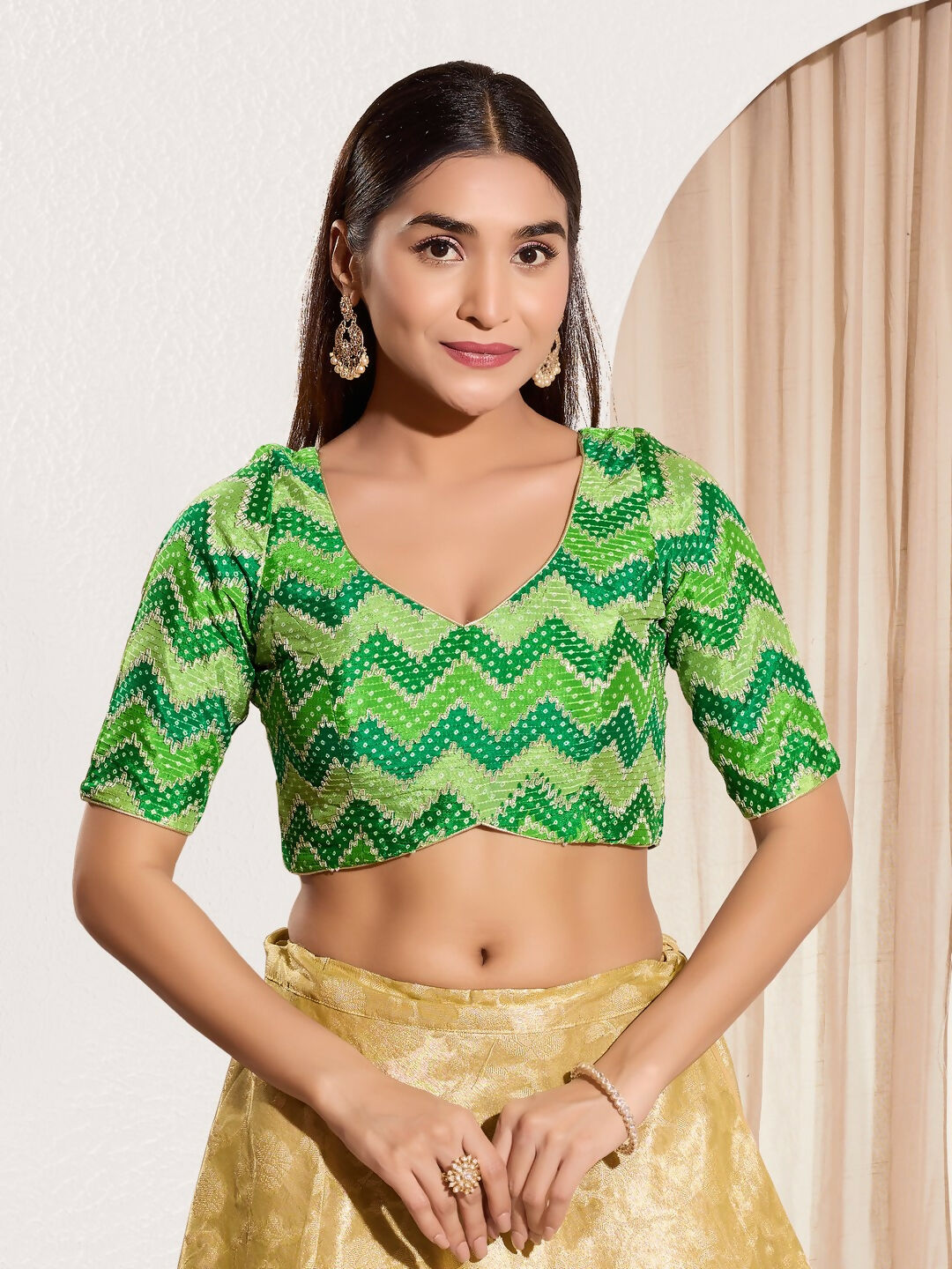 Joban Fashion Parrot Green Chiffon Padded Blouse With Square Neck Elbow Sleeves
