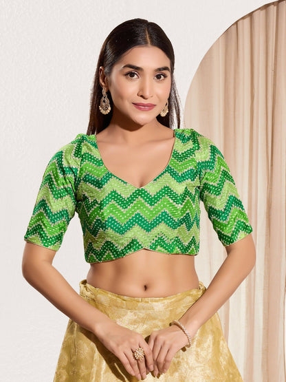 Joban Fashion Parrot Green Chiffon Padded Blouse With Square Neck Elbow Sleeves