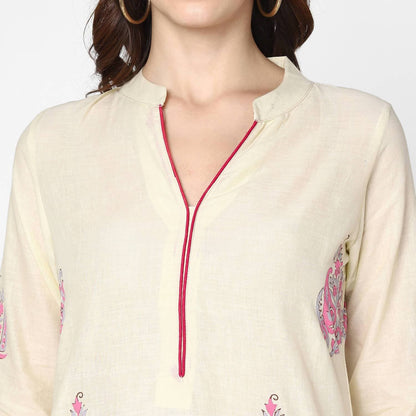 Cheera Hand Block Print Cream & Magenta Straight Kurta With Palazzo (MAAI-087K)