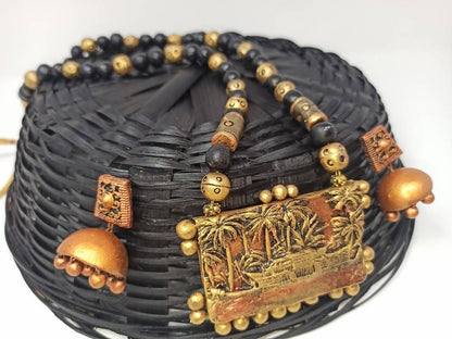 Terracotta Kerala Style Mansion Boat Pendant Long Necklace Set With Temple Earrings