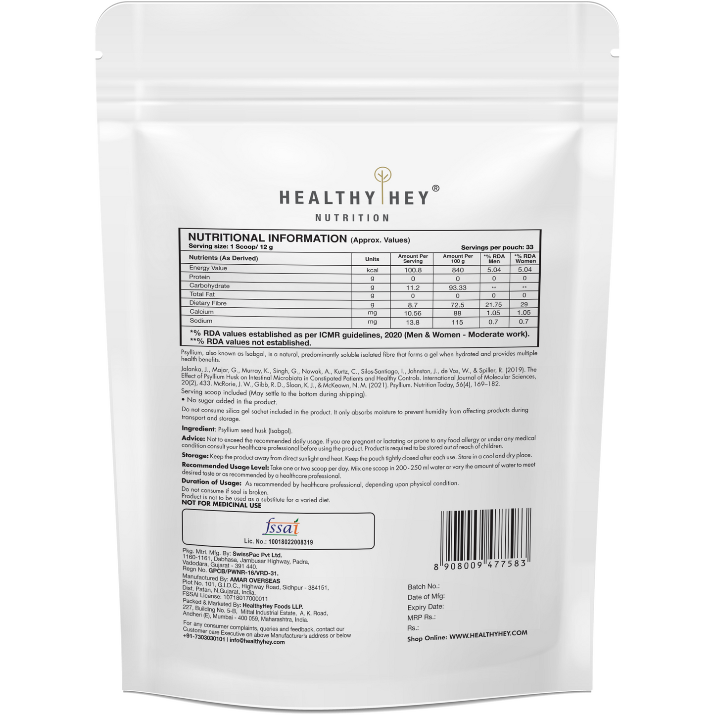 Healthyhey Psyllium Husk Powder - 400 gms