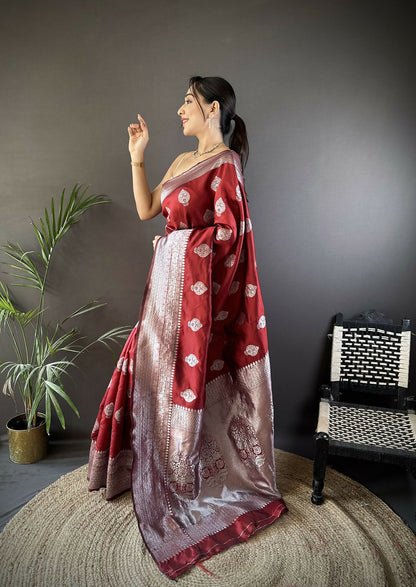 Joban Fashion Maroon Floral Motifs Soft Silk Banarasi Saree