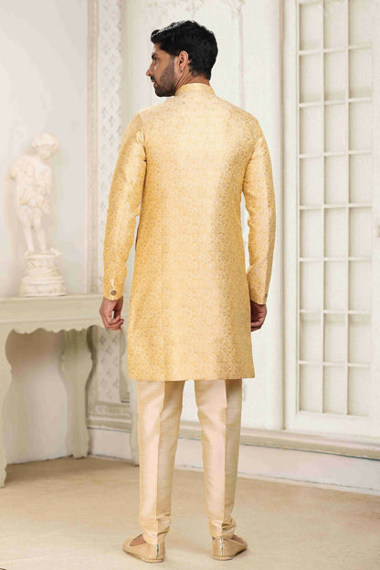 Raivat Ethnic Banarasi Jacquard Embroidery Semi Indo Western Sherwani In Cream Beige Colour