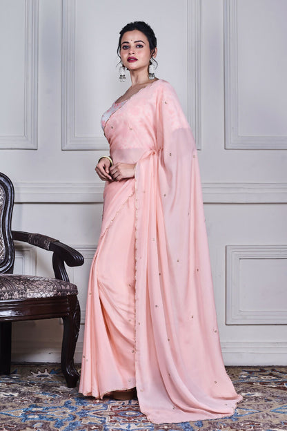 Morchari Peach Chiffon Hand Embroidery Saree And Stitched Blouse