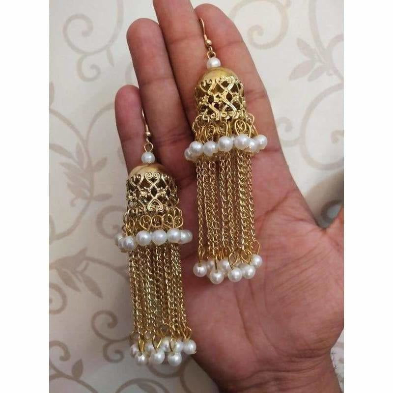 MS Fashion India Bridal Gold Color Jhumka And Hanging Chains With White Pearls Earrings