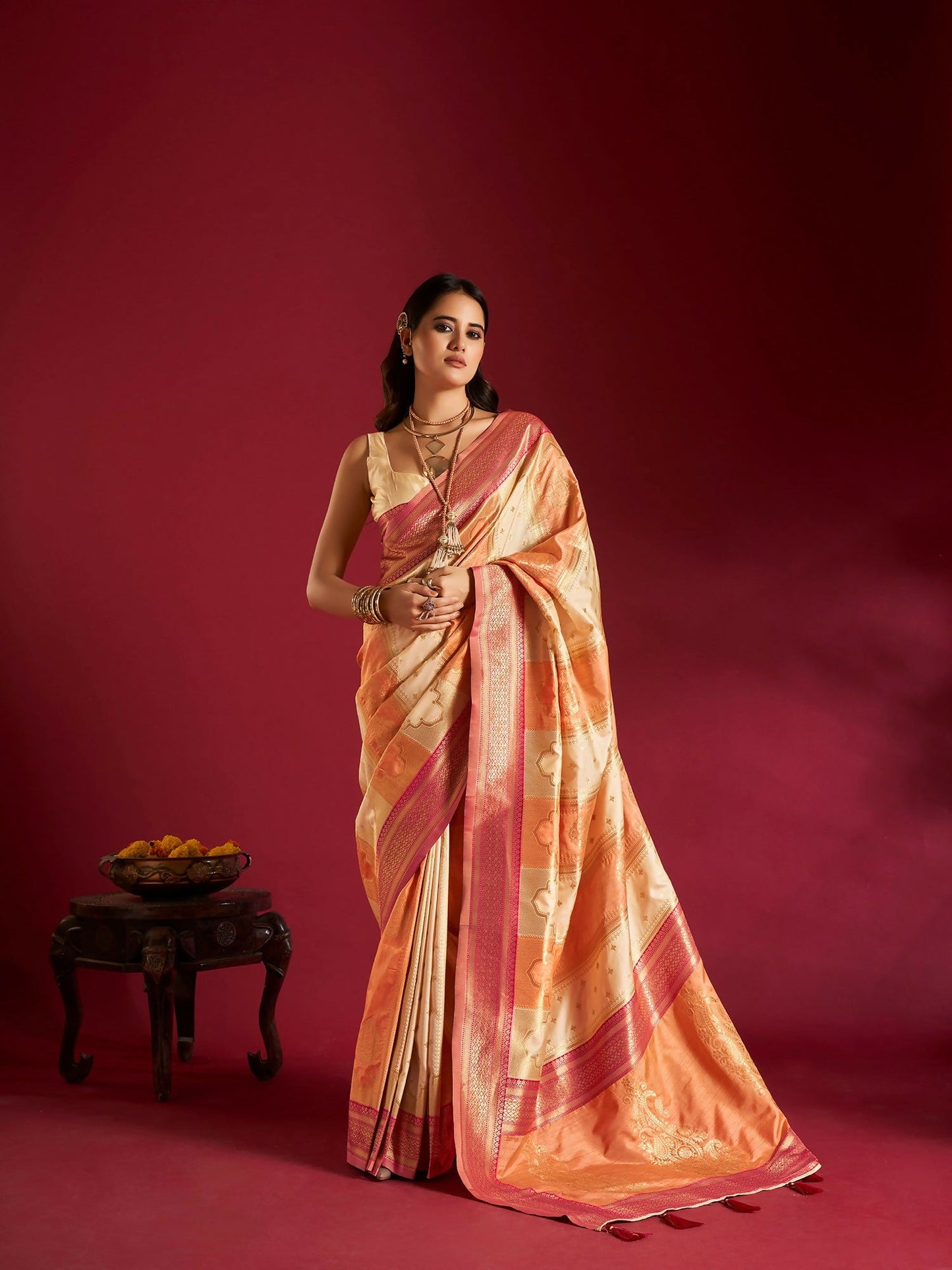 Joban Fashion Cream & Orange Plain With Weaving Border Banarasi Silk Sarees