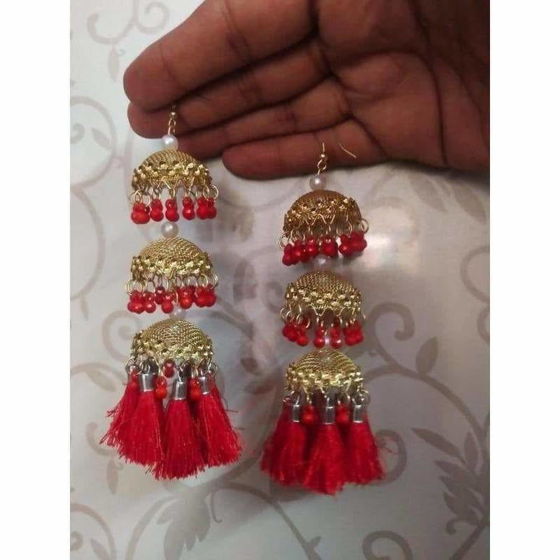 MS Fashion India Gold Color Latkan Red Pearls And Silk Threads Jhumka Earrings