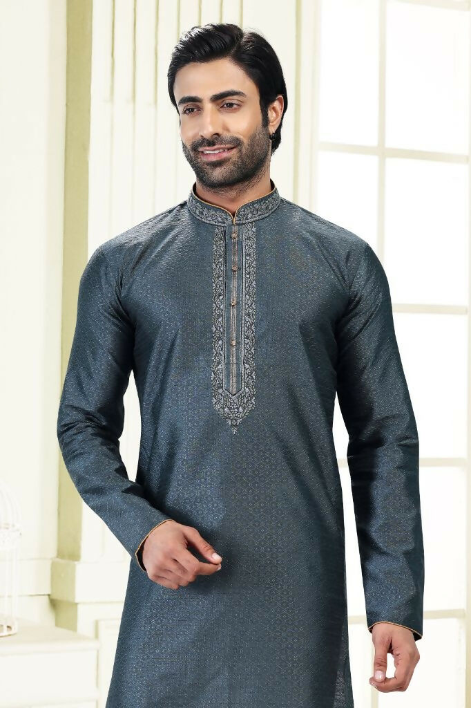 Raivat Ethnic Jacquard Banarasi Silk Thread Work Kurta Pajama In Grey Colour