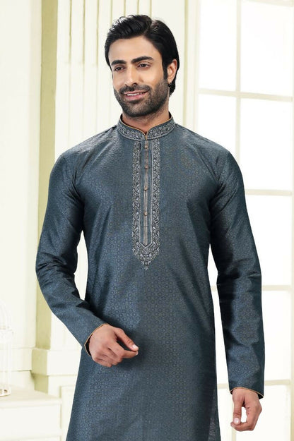 Raivat Ethnic Jacquard Banarasi Silk Thread Work Kurta Pajama In Grey Colour