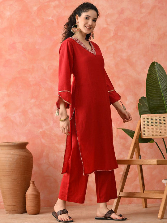 Sangria Women Floral Embroidered Cotton Kurta with Palazzo