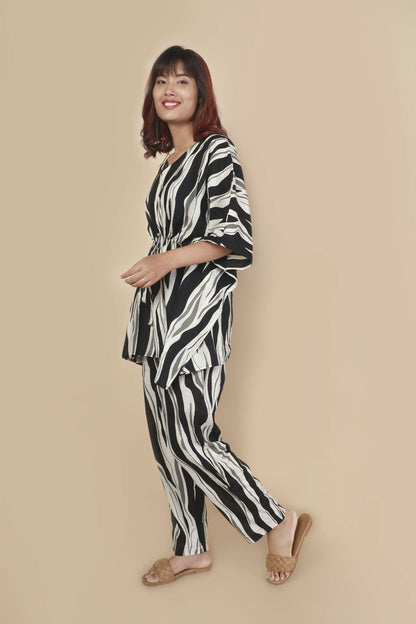 Breathables Women’S Loungewear Kaftan Cotton Black & White Abstract Print Co-Ord Set