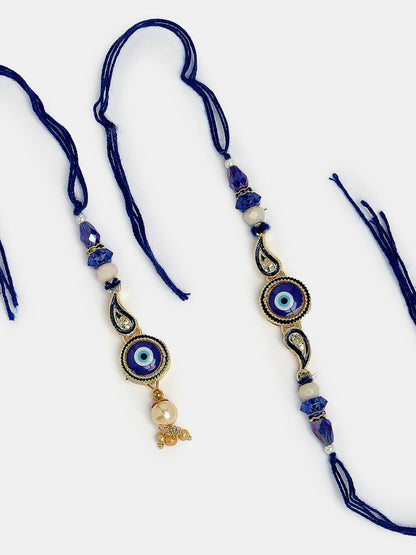 NVR Women & Men Set of 2 Blue Evil Eye Beaded Bhaiya Bhabhi Rakhi With Roli Chawal & Chocolate