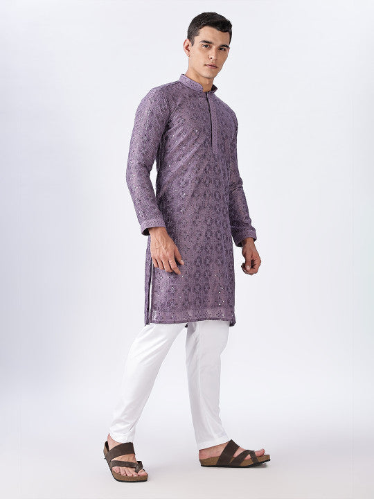 Anouk Purple Ethnic Embroidered Mandarin Collar Sequinned Lucknowi Cotton Straight Kurta