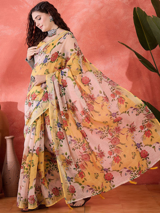 Sangria Floral Printed Banarasi Saree With Blouse Piece