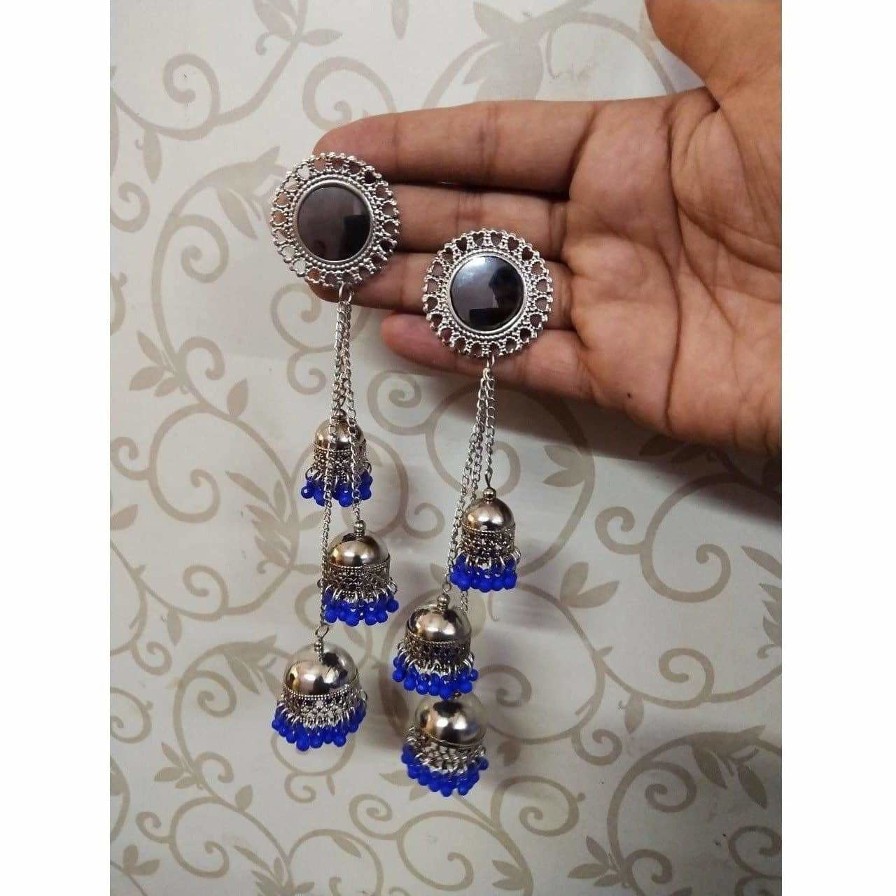 MS Fashion India Kashmiri Triple Blue Color Pearls Hanging Jhumka Earrings