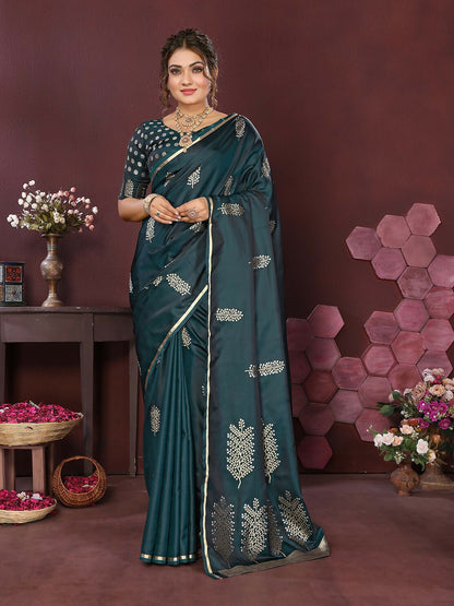 Joban Fashion Teal Floral Motifs Banarasi Silk Sarees