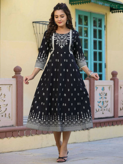 Juniper Women's Black Printed Anarkali Flared Dress