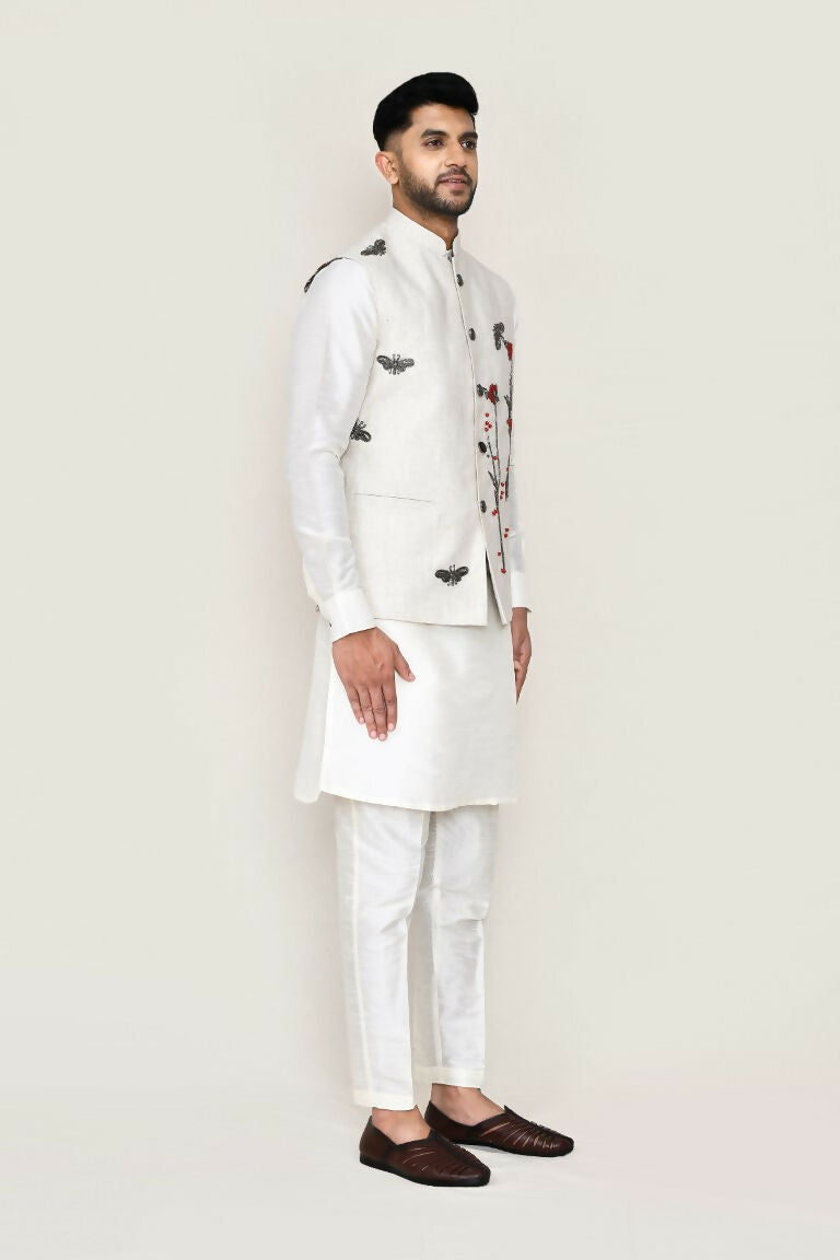 Joban Fashion White Colored Art Silk Fabric Kurta, Jacket With Straight Fit Pant