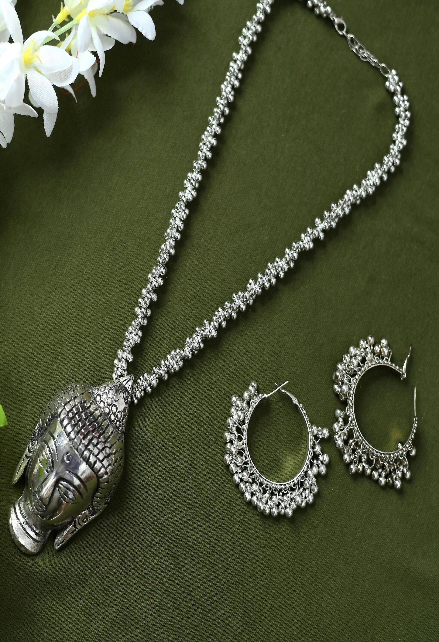 Mominos Fashion Johar Kamal Silver-Plated Brass Finish Budha Long Neckalce For Women