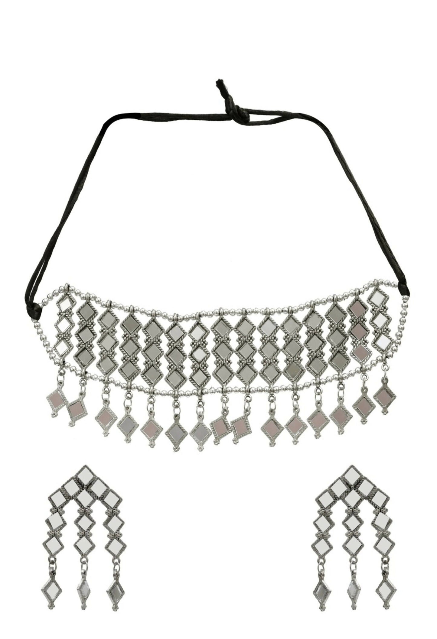 Mominos Fashion Johar Kamal Oxidised Silver-Plated Alloy Finish Mirror Choker For Women