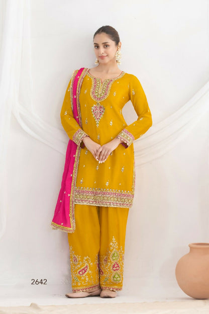 Anaita Mustard Chinon Readymade Suit with Embroidery Coding & Sequence Work