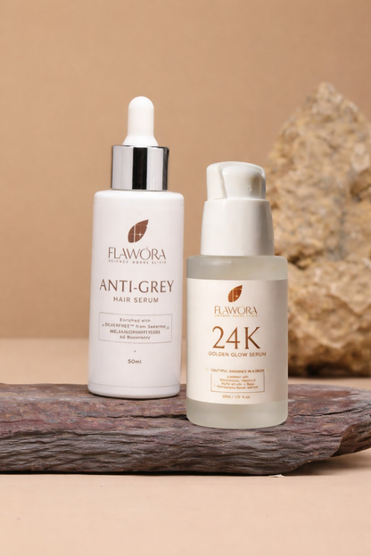 Flawora Set of Anti-Grey Hair Serum and Golden Glow Face Serum