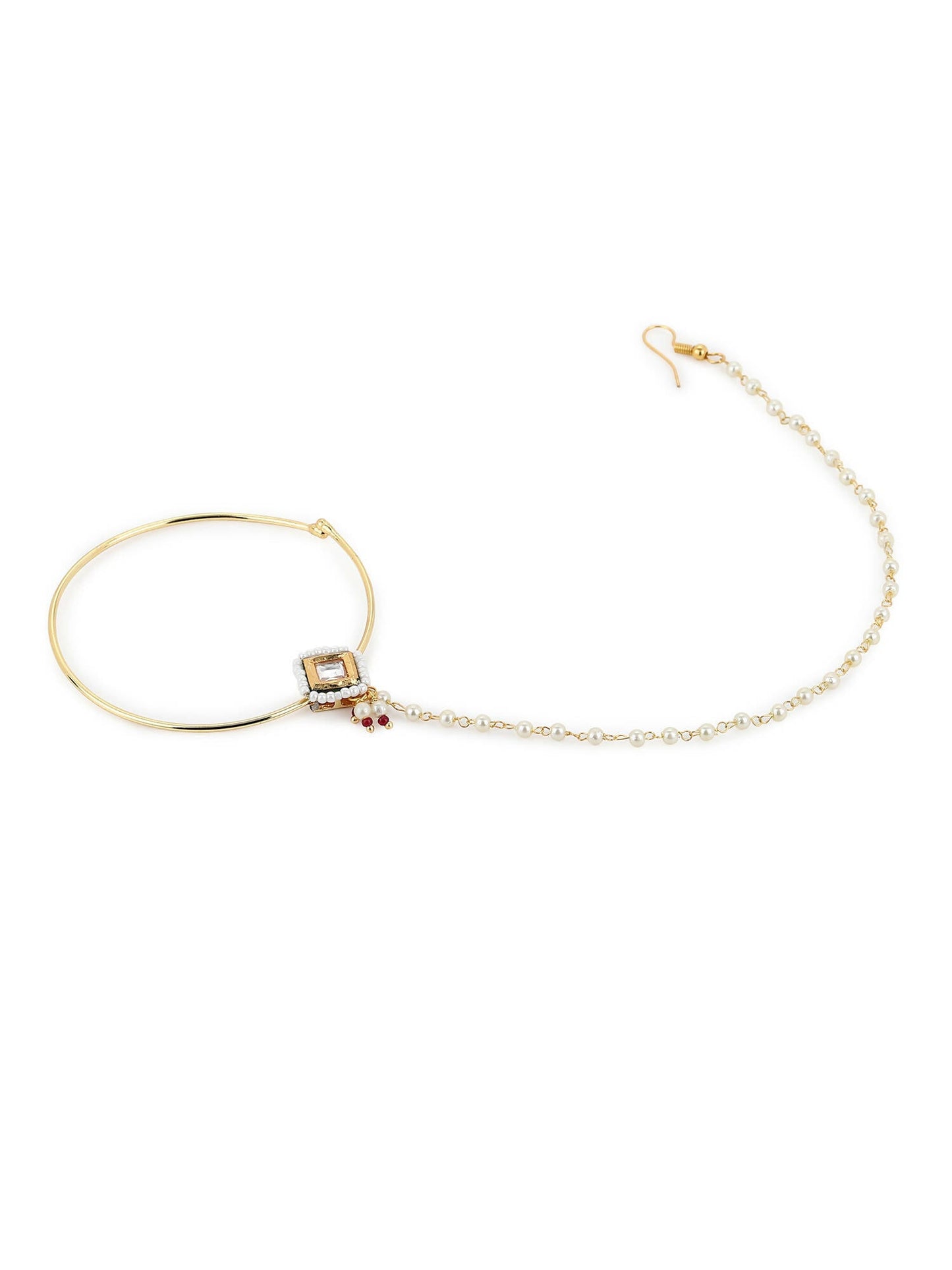 White Gold-Polished Kundan Studded Beaded Nosepin - Ruby Raang