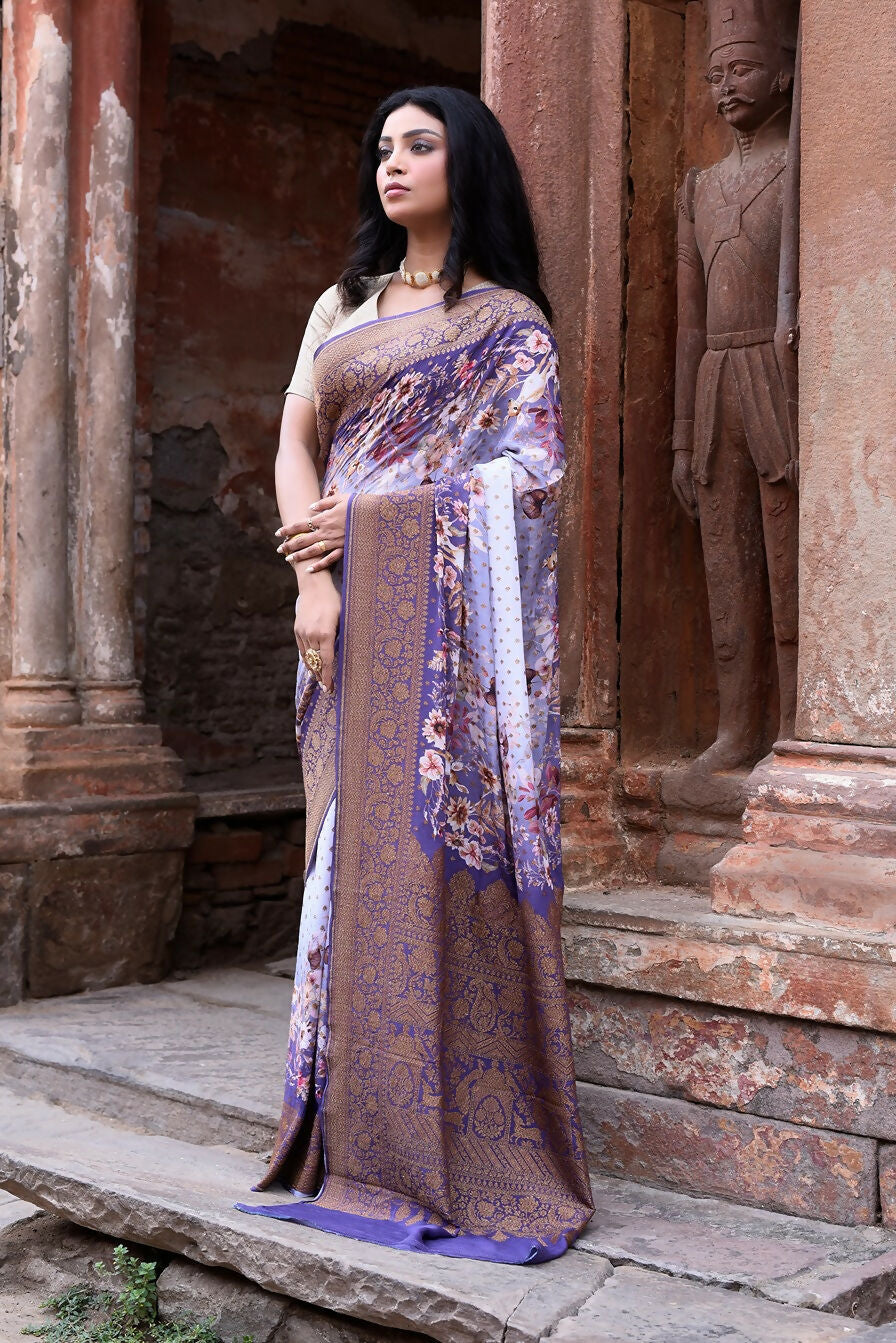 Joban Fashion Shade Of Orchid Crepe Chiffon Pure Handloom Banarasi Silk Saree