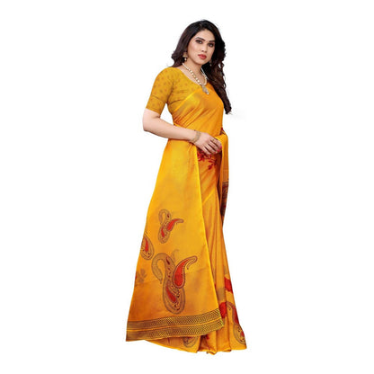 Vamika Printed Jute Silk Yellow Saree (Leo Yellow)