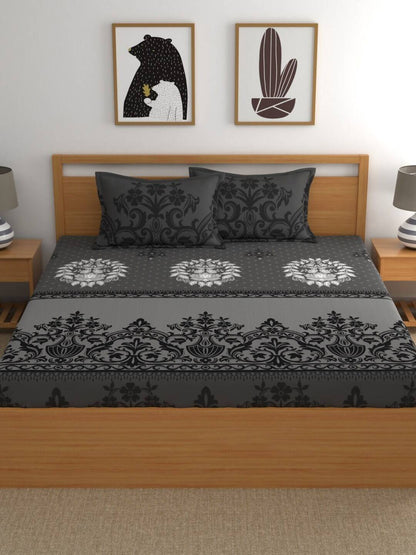 Dreamscape Grey & Black Ethnic Motifs 144 TC Bedsheet with Pillow Covers