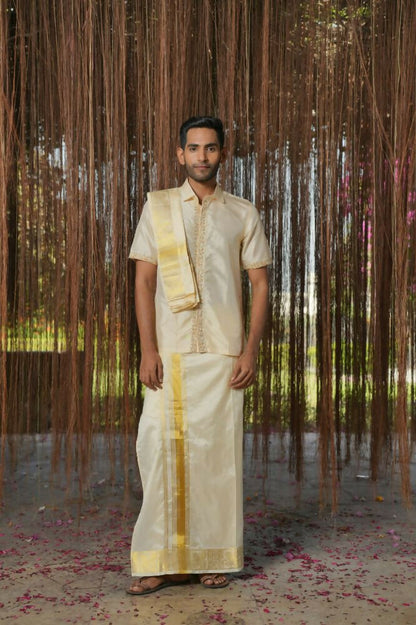 Sandstone Kanjivaram Machien Embroidered Pattu Set by Hilo Design