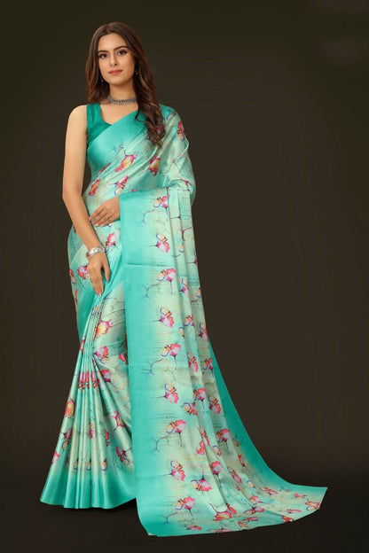 Aayaa Designer Printed Satin Saree - Multi Color