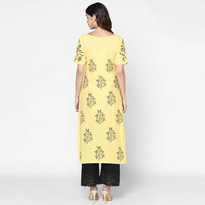 Cheera Hand Block Print Pale Yellow & Black Straight Kurta With Palazzo (MAAI-082K)