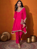 Sangria Embroidered V-Neck Mirror work Kaftan With Trousers