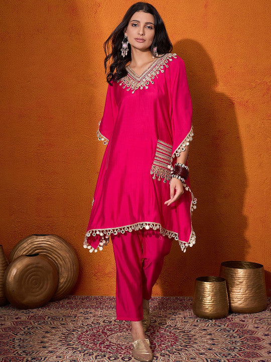 Sangria Embroidered V-Neck Mirror work Kaftan With Trousers