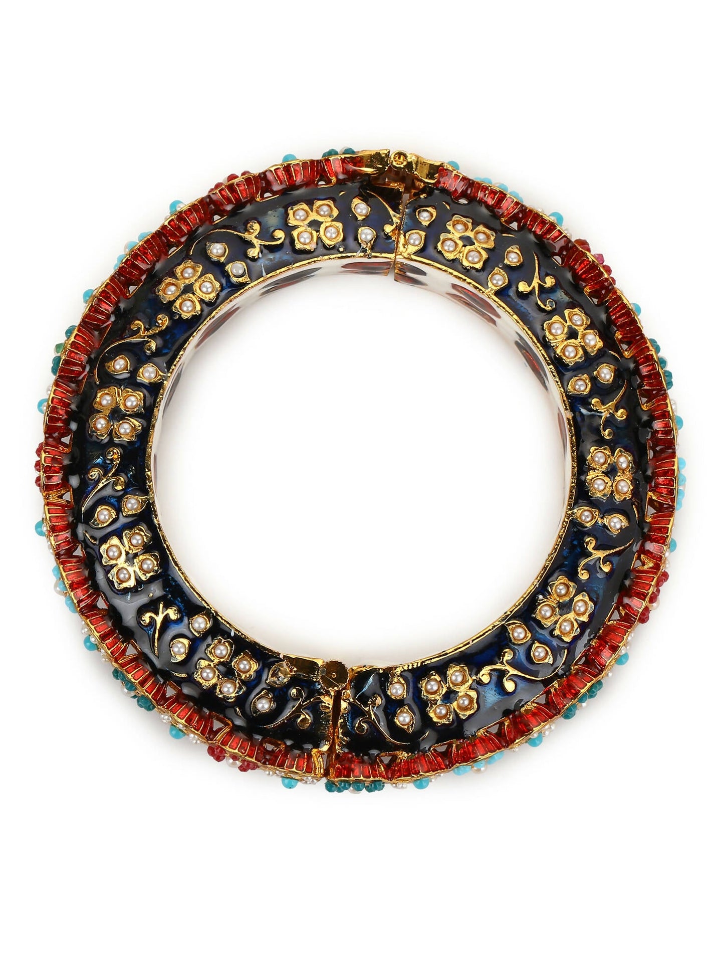 Gold-Polished Blue White Kundan Studded Pearls Beaded Bangle - Ruby Raang