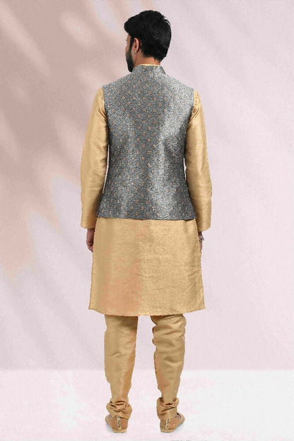 Raivat Ethnic Jacquard Banarasi Silk Woven Work 3 Pics Jacket Set In Grey Colour