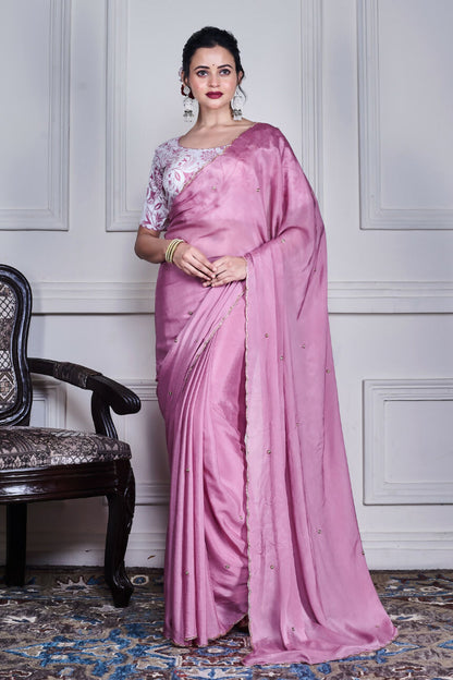 Morchari Purple Chiffon Hand Embroidery Saree And Stitched Blouse